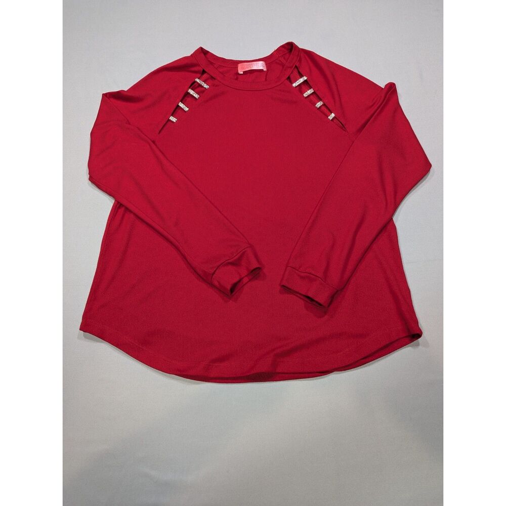 Simply Scarlett Womens L Red Rhinestone Cutout Long Sleeve Tunic Top
